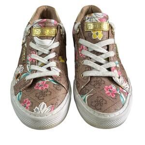 Guess Loven Sneakers Women's Size 9.5 M Casual Lace-up Logo Brown Pink Floral